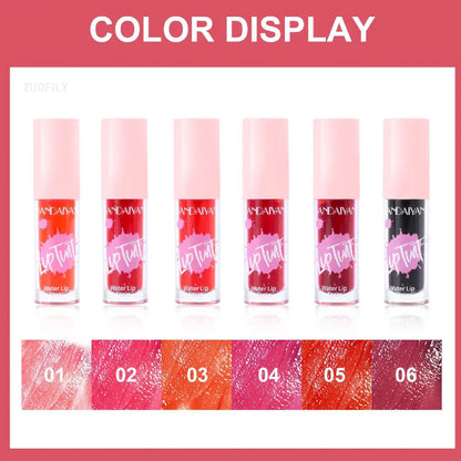 Color display of Fruit Juice long-lasting lip and cheek stains in six vibrant red, pink, and orange moisturizing shades.